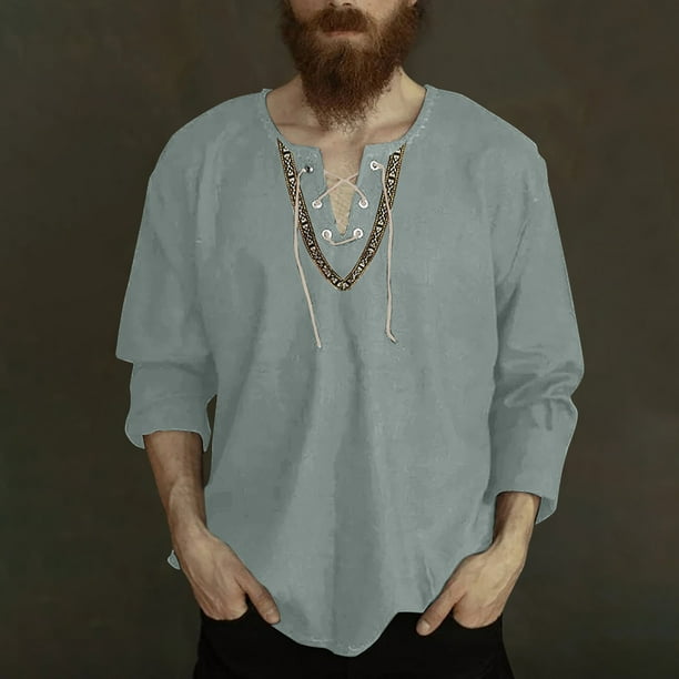 Blusas y camisas de manga larga con cuello en V para hombre, blusas casuales de moda con cordón y cuello en V de manga larga, blusas para hombre