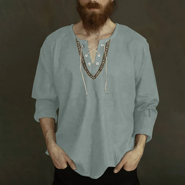 Blusas y camisas de manga larga con cuello en V para hombre, blusas casuales de moda con cordón y cuello en V de manga larga, blusas para hombre