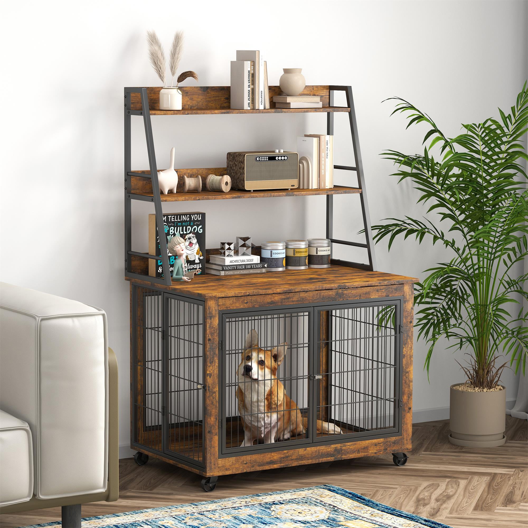 Pefilos 57" Wooden Dog Crate Furniture for Small Dog, Heavy Duty 3 Doors Dog Kennel, Indoor Dog Cage with 3-Layer Storage Shelf, Brown Pefilos 57" Wooden Dog Crate Furniture for Small Dog, Heavy Duty 3 Doors Dog Kennel, Indoor Dog Cage with 3-Layer Storage Shelf, Brown