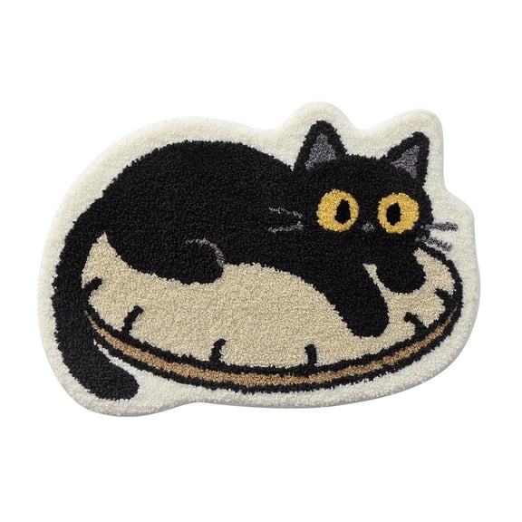 Black Cat Lying On Round Cushion Shaped Doormat, Fluffy Cartoon Kitten Floor Rug, Non Slip Absorbent Indoor Bedroom Mat for Cat Lovers Home Decor