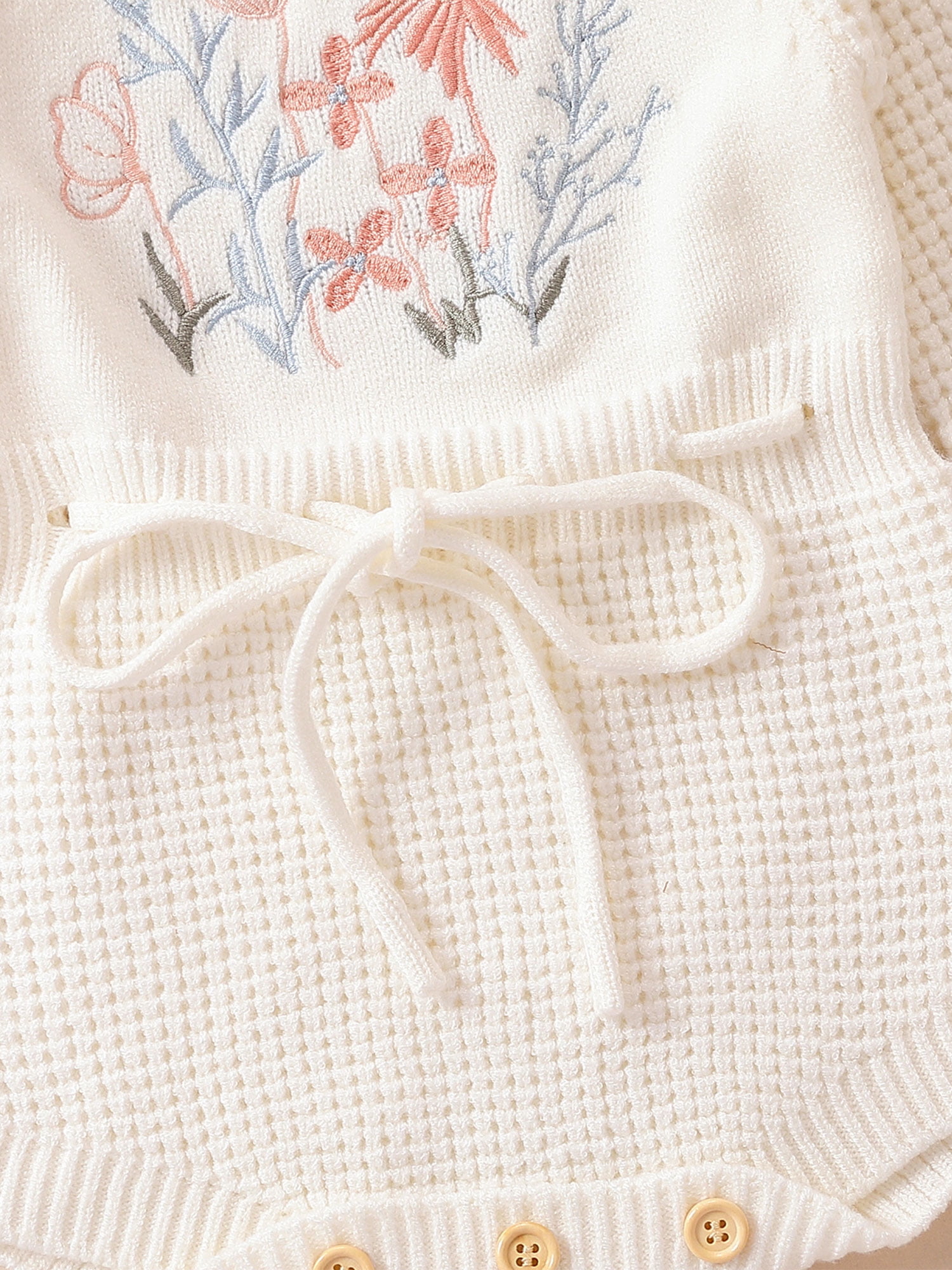 Wassery Baby Girls Knit Rompers Flower Print Crew Neck Long Sleeve Drawstring Onesies Infant Fall Jumpsuits Newborn Casual Bodysuits 0-24M