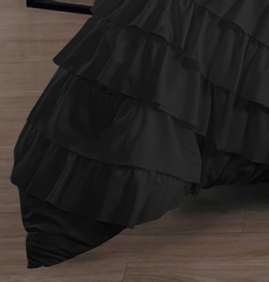D.N.G. BEDDINGS 100% Egyptian Cotton 3 Piece Circle Ruffle Comforter Set with 1 Freebie Ruffle Pillow | 550 GSM Filled Microfiber - Oversized Super King Size, Black Color - 800 Thread Count