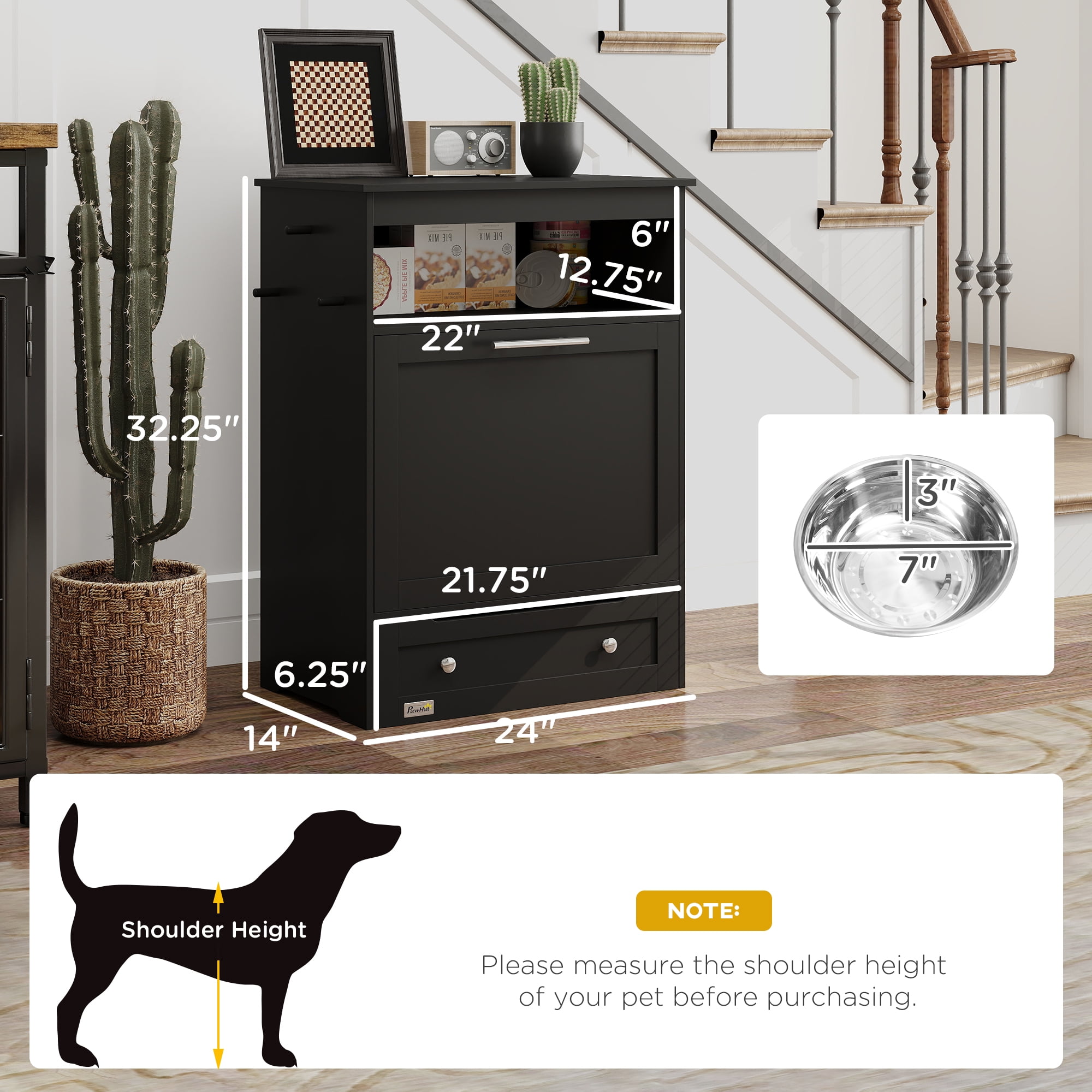 PawHut Pet Feeder Station Storage Cabinet, Storage Container, Black