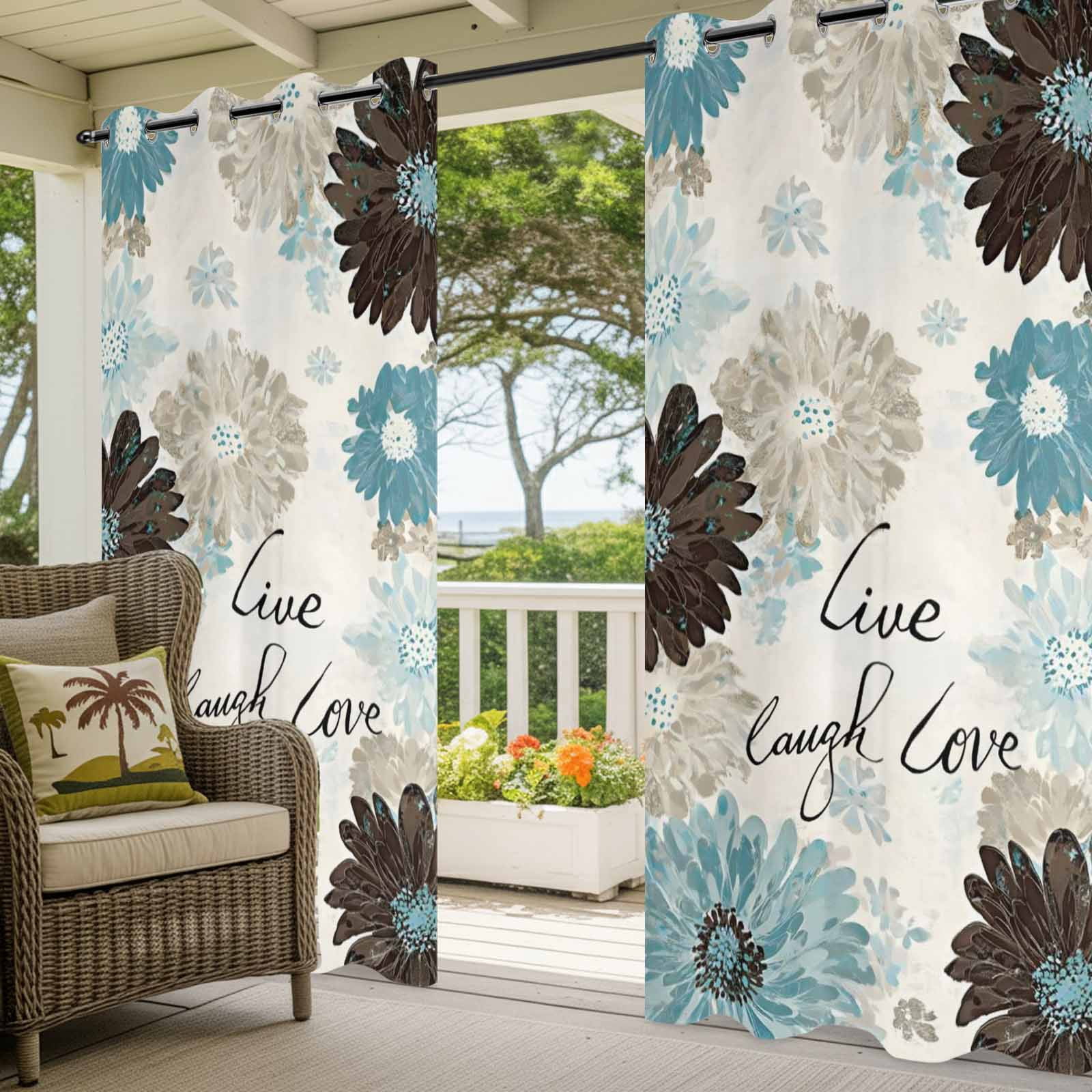 Brown Blue Flower Outdoor Curtains for Patio, Laugh Love Live Plant Farmhouse Sunshade Privacy Drapes Grommet Waterproof Outside Curtains for Porch/Cabana/Balcony 54"x 108", 1 Panel