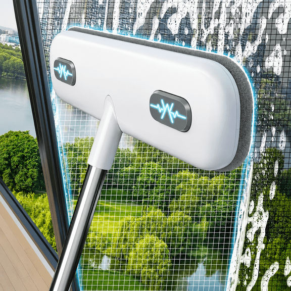 Magic Window Cleaning Brush with Adjustable Telescopic Double Rod, Screen and Glass Cleaner, Pet Hair Remover, Reusable Multi-Surface Household Cleaning Tool
