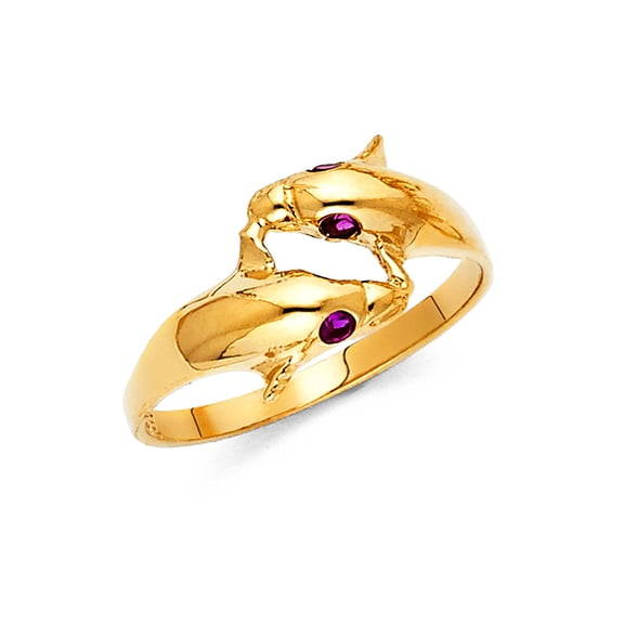 14k Yellow Gold Dolphin Ring Two Dolphins Band Curve Purple CZ Good Luck Charm Polished Size 7