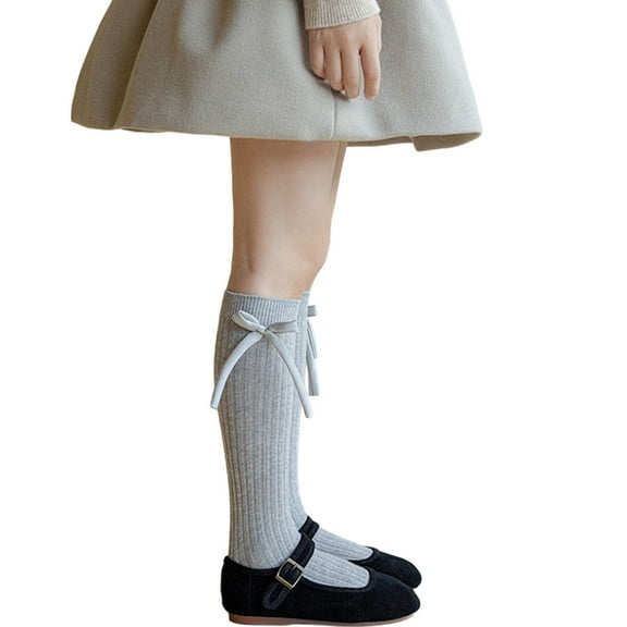 OGLCCG Kid Girls Knee High Stockings Stetch Over Calf Socks Solid Color Knitting Cotton Princess Dress Bow Stockings 6-14 Years