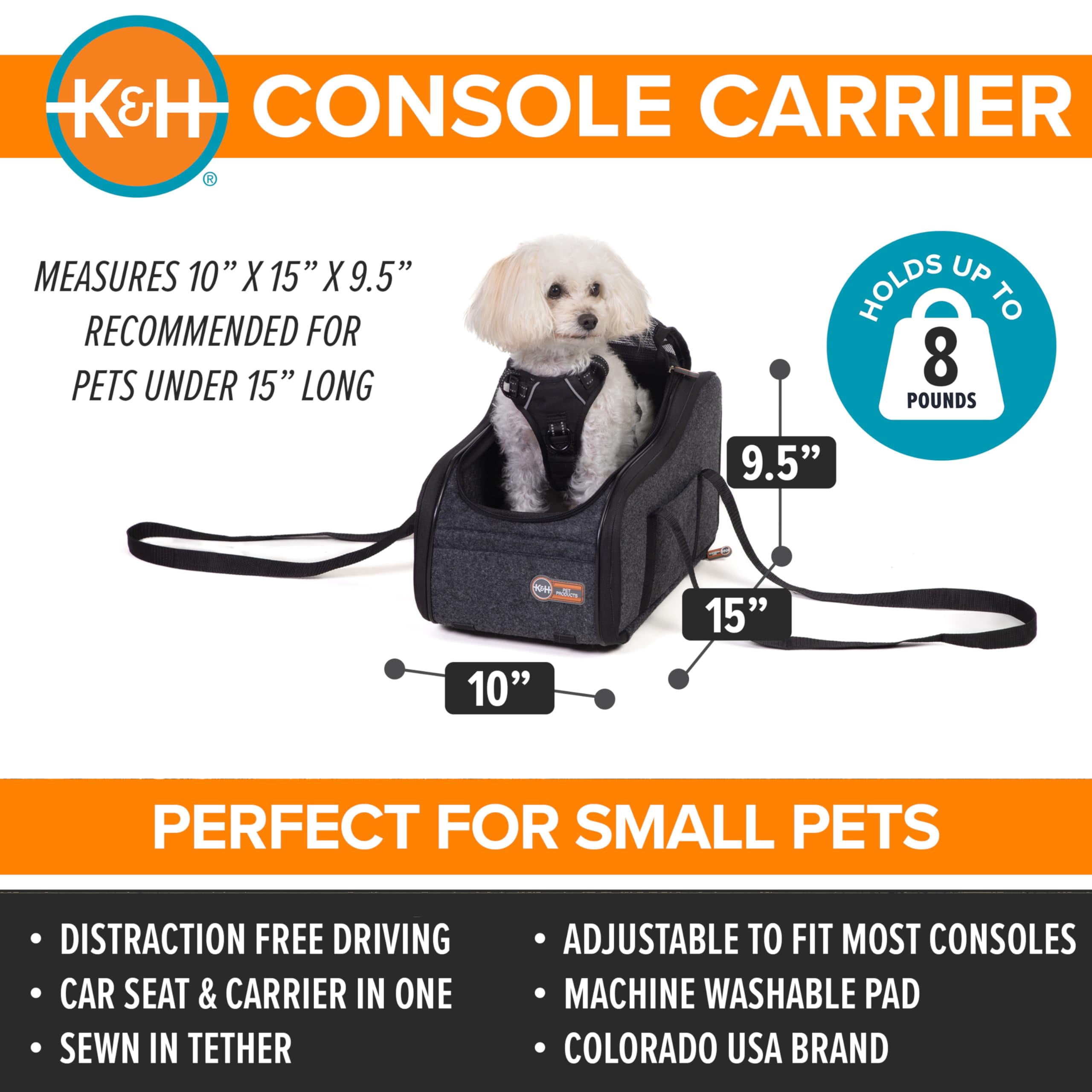 Center Console Dog Car Seat For Small Dogs & Cats  Secure Armrest Booster Carrier With Safety Tether Zippered Enclosure 2 Pockets Washable Plush Pad Pets Under 8 Lbs.