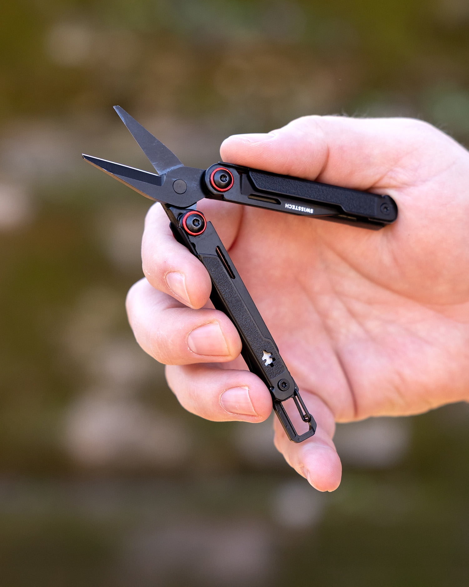 Swiss Tech Uberall CT AUS-8 Steel 10-in-1 Multi Tool with Shears, Carabiner & Leather Sheath, Black
