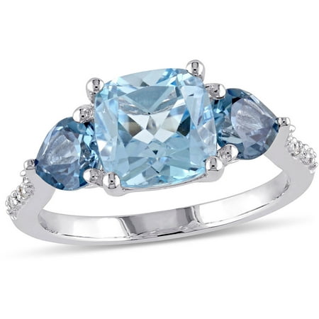 Tangelo 3-1/2 Carat T.G.W. Sky and London Blue Topaz with Diamond-Accent Sterling Silver Three-Stone Ring