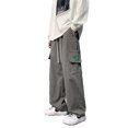 thumbnail image 1 of Pantalones anchos de pierna recta para hombre Bolsillos laterales casuales Pantalones holgados con cordón de color puro Gris XL, 1 of 8