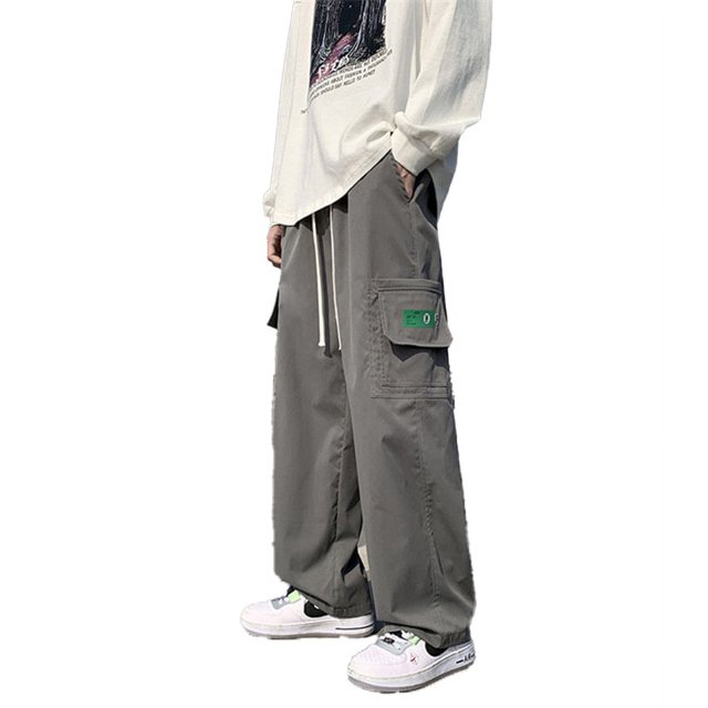Pantalones anchos de pierna recta para hombre Bolsillos laterales casuales Pantalones holgados con cordón de color puro Gris XL