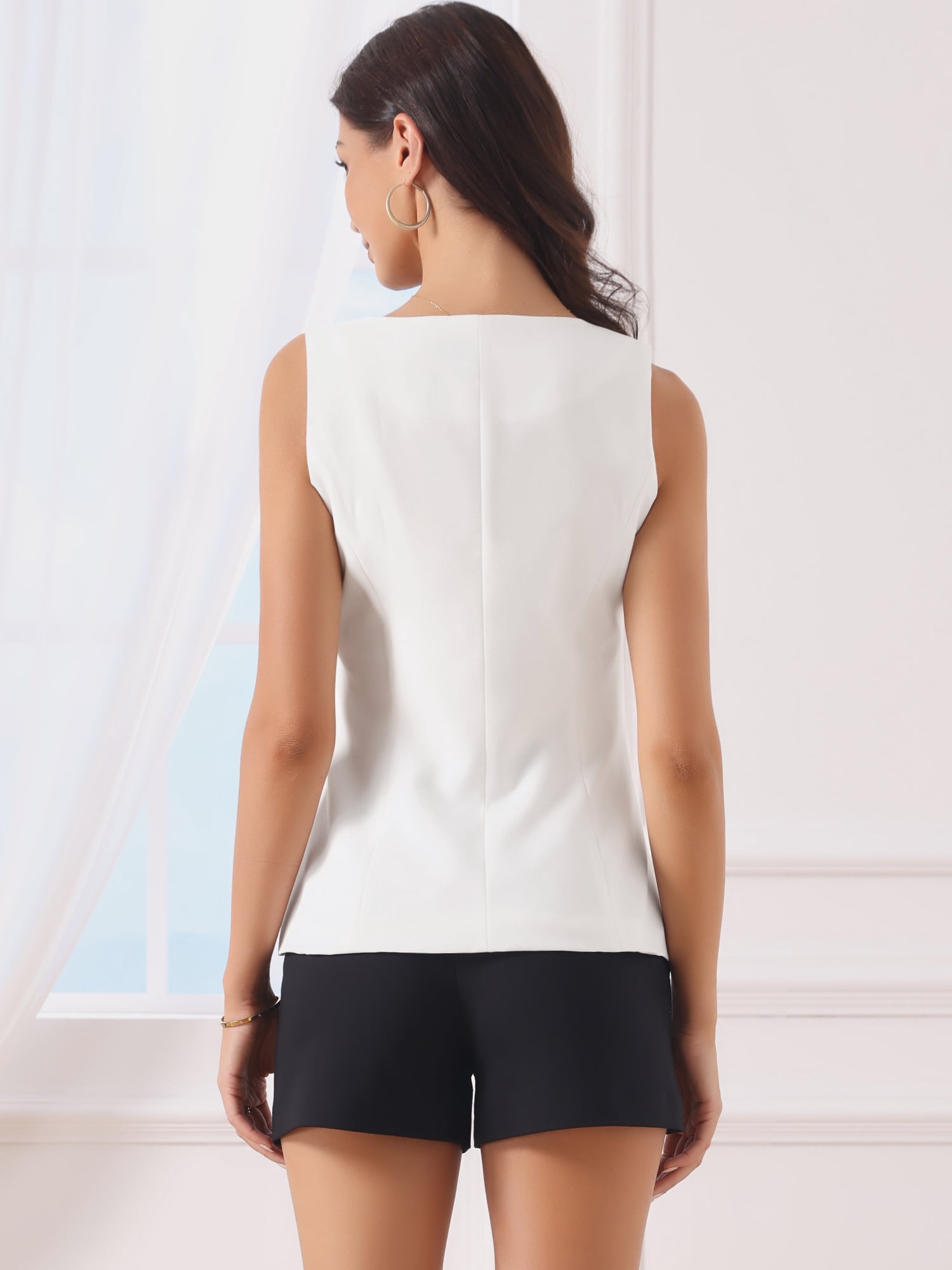 DARING DIVA Women's Sleeveless Button Down Waistcoat Blazer Vest Top L White