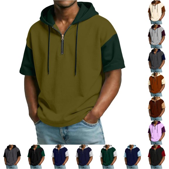 Gunia Mens Big And Tall Shirts Color Block Hooded Half Zip Short Sleeve T Shirt Casual Athletic Tops Streetwear Gym Mens T-Shirts Army Green 2Xl