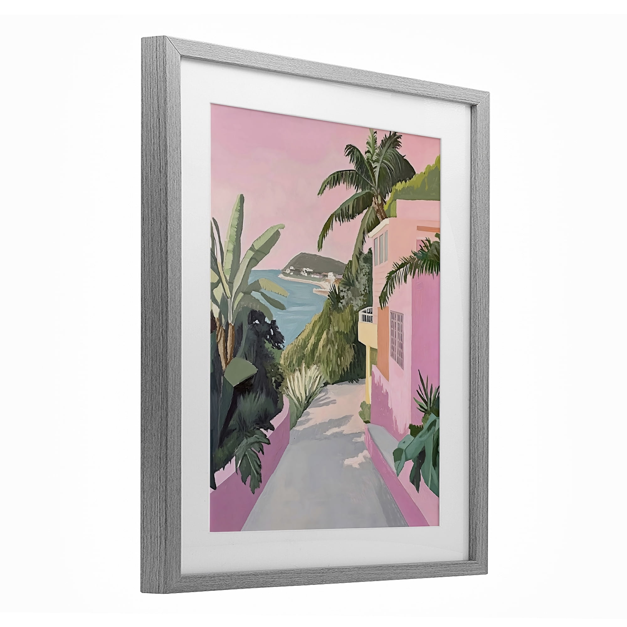 Stupell Industries Mediterranean Pink Coastal House Gray Framed Print Under Glass, design by The Prints Vibe