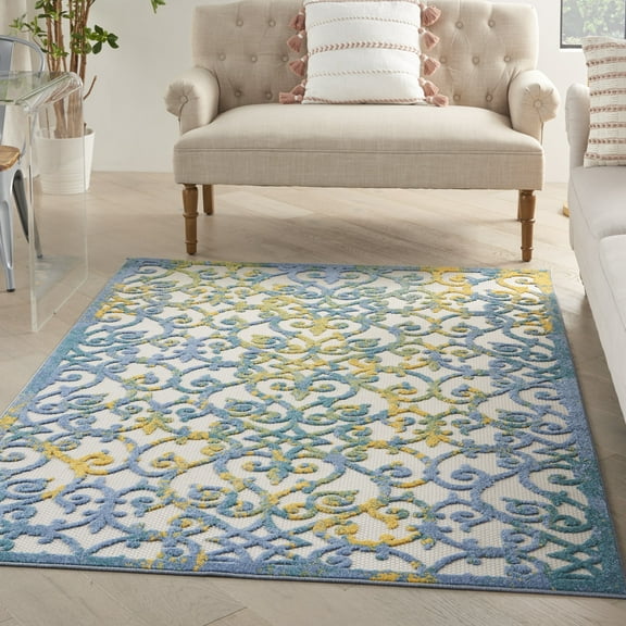 Nourison Aloha Indoor/Outdoor Ivory Blue 6' x 9' Area Rug, (6x9)
