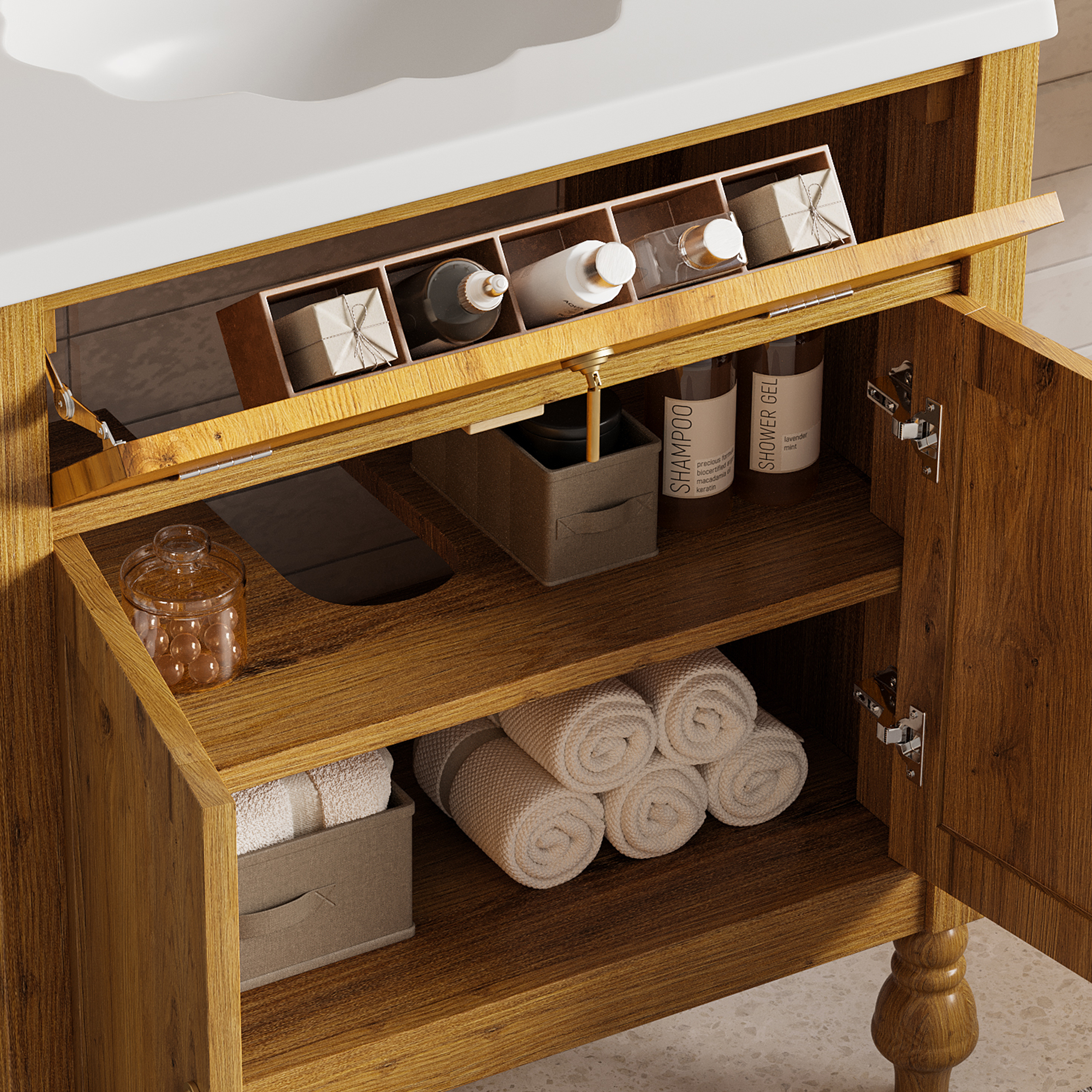 30-Inch Walnut Bathroom Vanity: Seashell Resin Sink, Flip-Up Storage & Soft-Close Doors