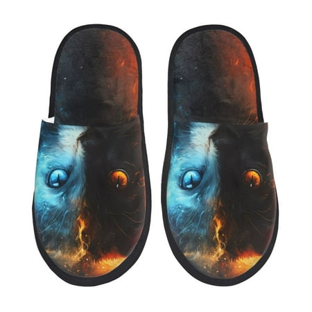 Balery Red And Blue Fire Cat Slient Indoor Furry Fleece Comfort House Shoes Soft Non-Slip Home Shoes Cotton slippers House Slippers-- Medium