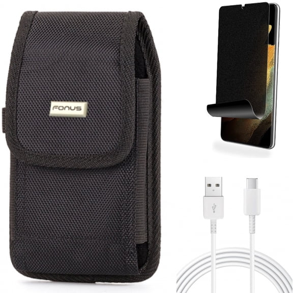 Privacy Screen Protector & 10ft USB-C Cable & Case Belt Clip for Samsung Galaxy S21 Ultra Phone - TPU Film Fingerprint Works & Type-C Charger Cord & Swivel Holster Accessory Bundle