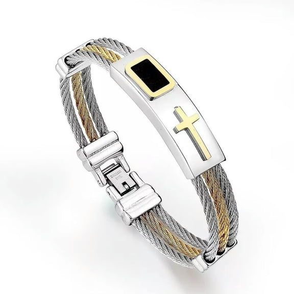 HOOUN Gold Silver Stainless Steel Cable Wire Cuff Bangle Cross ID Bracelet For Mens