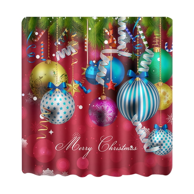 Ensemble de Salle de Bain de Noël Rideau de Salle de Bain Tapis de Sol Ensemble Salle de Bain Boule de Noël Colorée Impression Numérique Rideau de Salle de Bain Imperméable Ensemble de Tapis de Sol de Toilette avec Crochets