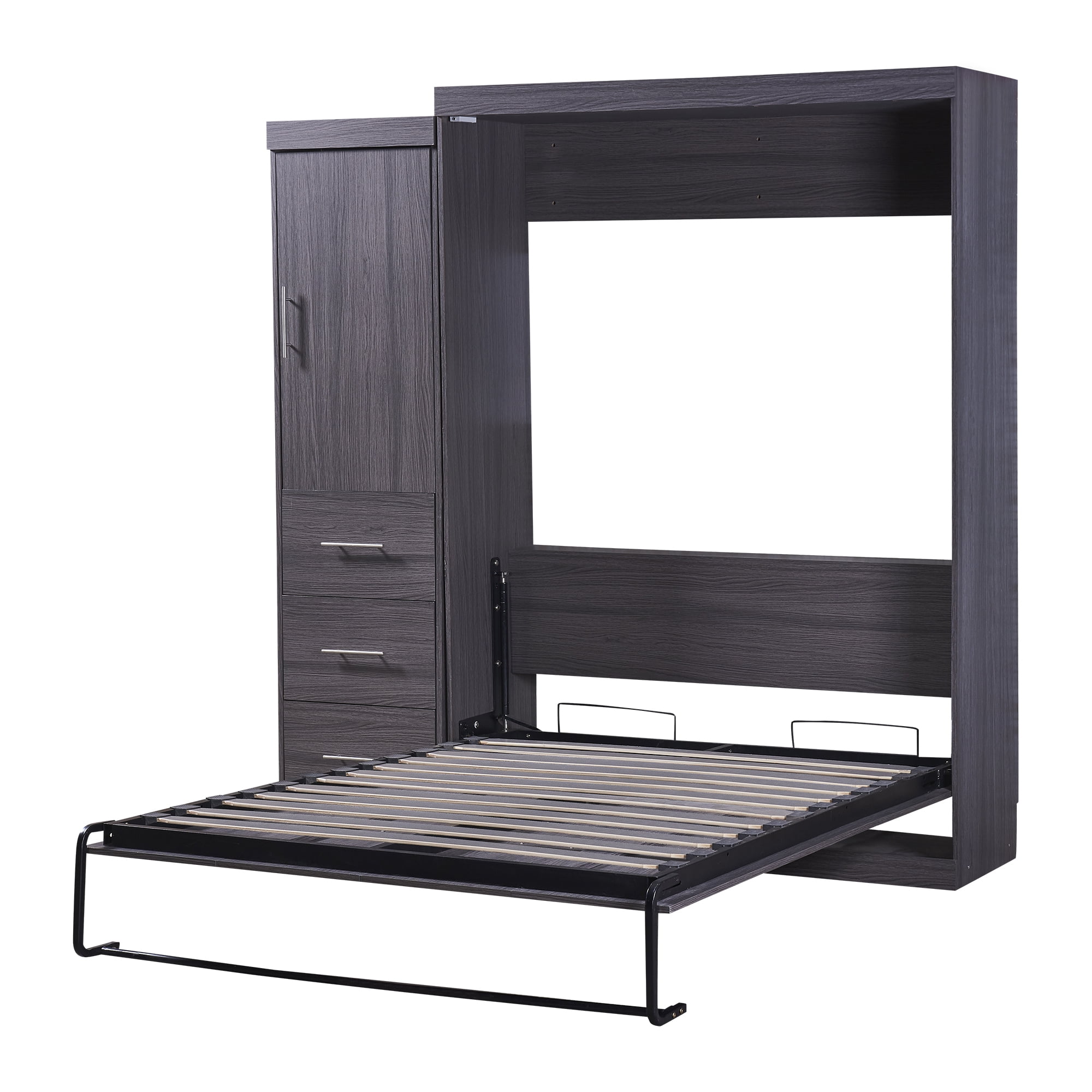 Euroco Wood Full Size Murphy Wall Bed with Wardrobe and Drawers for Living Room, Moveable Wardrobe and Drawers, Space-Saving & Easy Open and Close, Gray