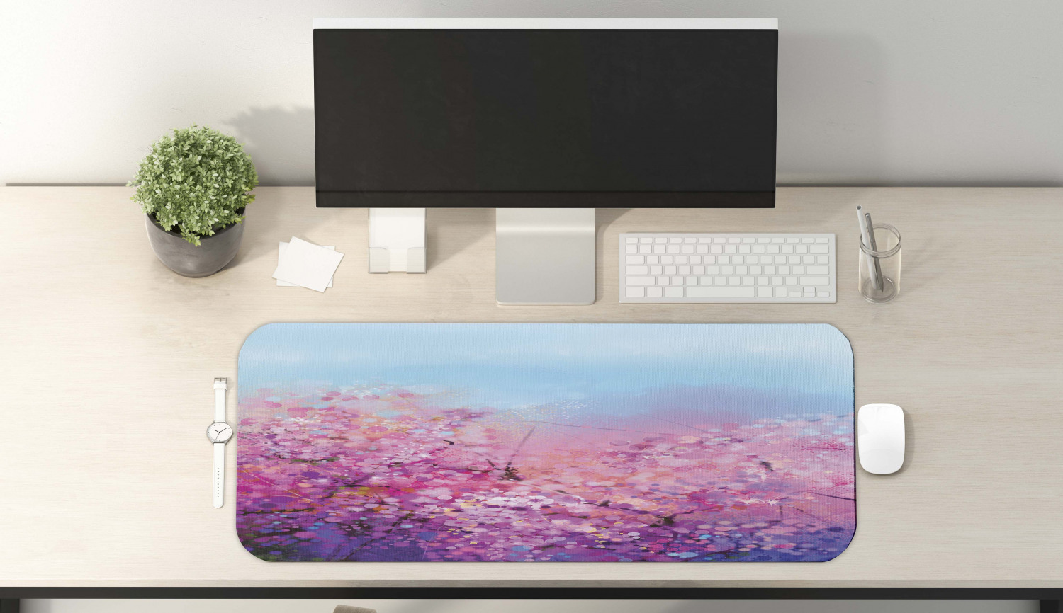 Flower Computer Mouse Pad, Sakura Blossom Floral Beauty with Sky Japanese Inspired Cherry Spring Theme, Rectangle Non-Slip Rubber Mousepad Large, 31" x 12" Gaming Size, Purple Pale Blue, by Ambesonne - image 2 of 2
