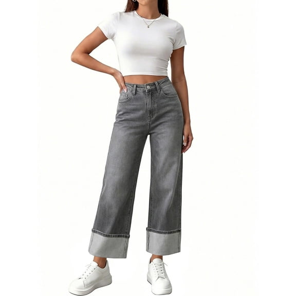 Women's Straight Leg Jeans, Versatile High Waisted Stretchy Streetwear Business Casual Denim Pants with Pockets