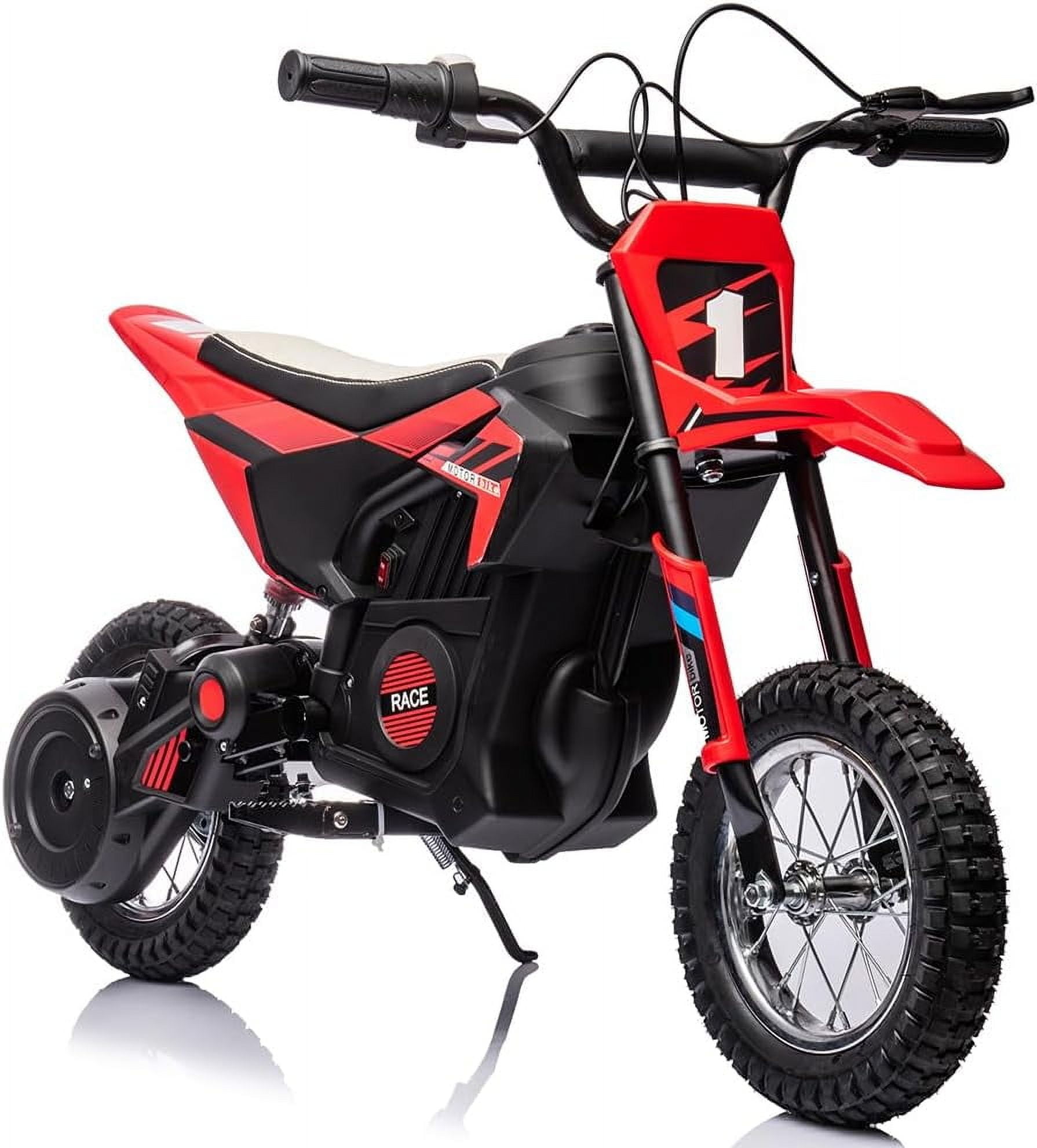 Historyli Ride On Electric Motorcycle-24V 250W Motor 13.6MPH Fast Speed Dirt Bike-Leather Seat Battery Powered Off-Road Bike,Twist Grip Throttle,Metal Suspension,Air-Filled Tires-Red