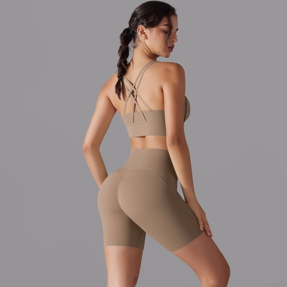 SKQIT Women 2 Piece Workout Sets Built in Bra Open Back Tank Tops High Waisted Biker Shorts