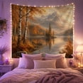thumbnail image 2 of Autumn Birch Forest and Lake Landscape in Misty Mountains, Serene Watercolor for Nature Lovers, Scenic Wall Art Decor, Thanksgiving Gift, Tapestry Wall Hanging for Living Room and Bedroom, 2 of 7