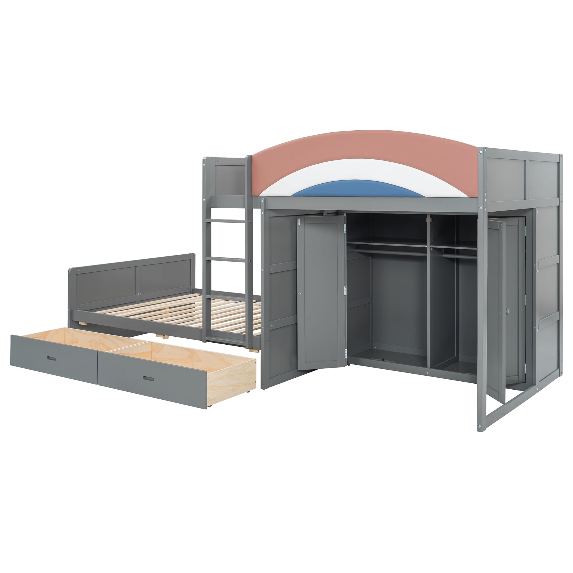 Mintazer Full Over Full Bunk Bed with Wardrobe & 2 Drawers, Platform Bed with Rainbow Guardrail for Kids Bedroom, Gray