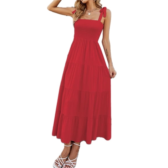 Women's Tie Shoulder Smocked Tiered Maxi Dress Sleeveless Elegant Solid Party Gown for Formal Occasions 100% Polyester