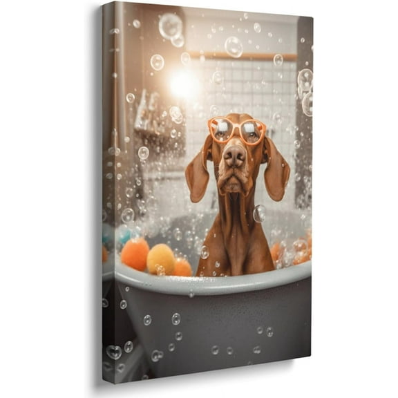 Aaheei Funny Cute Dog Bathroom Decor Wall Art Dog in Bathtub Bubble Pictures Wall Decor Funny Animal Bathroom Canvas Painting Print Bathroom Artwork Decoration Dog Wall Art for Bathroom