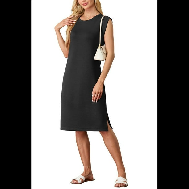 Vestido Midi Informal de Verano para Mujer, con Cuello Redondo, Holgado, con Abertura y Bolsillos, Sin Arrugas, Color Negro M