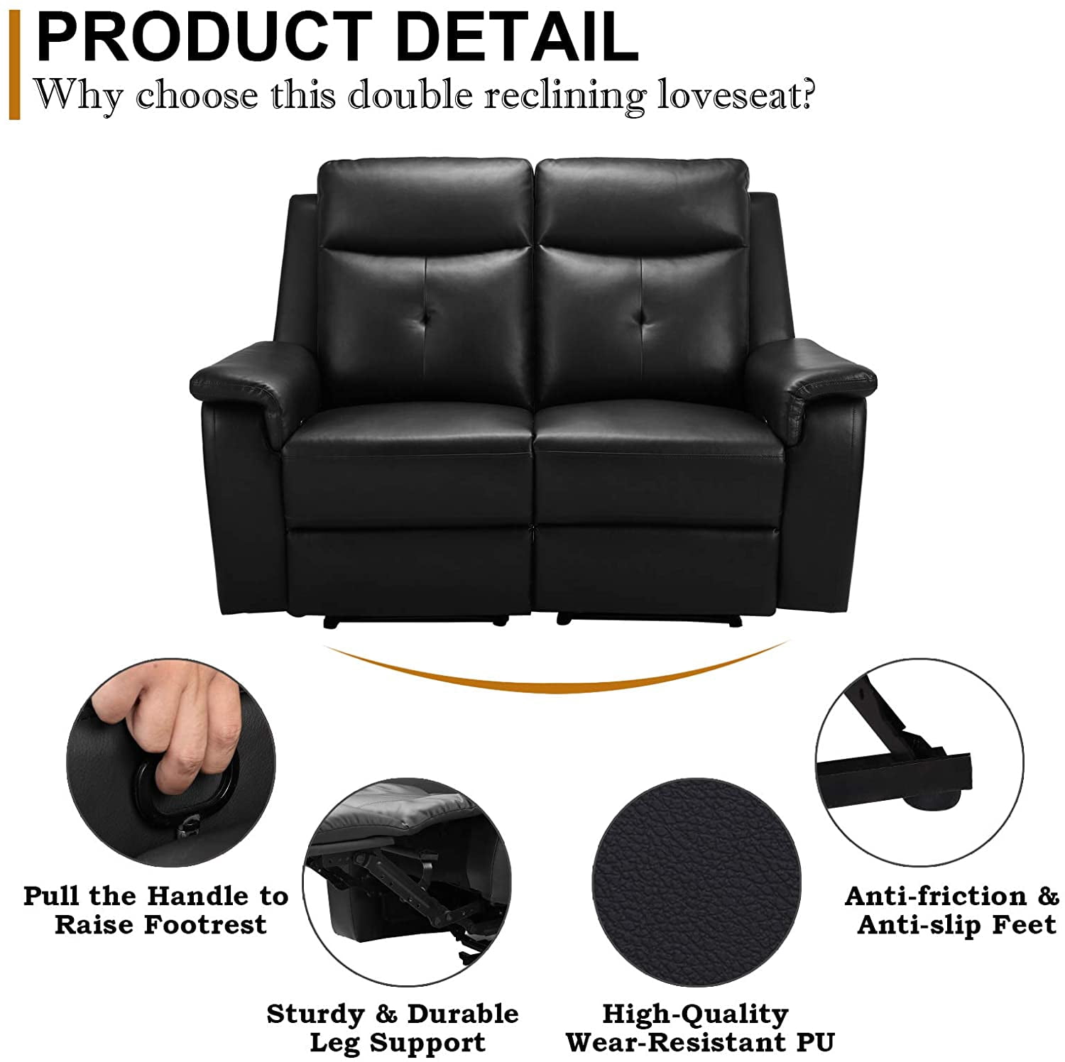LVUYOYO Home Theater PU Leather Manual Recliner Loveseat, Black