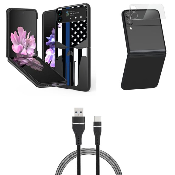 Bemz Premium Bundle for Samsung Galaxy Z Flip 3 5G: Slim Snap-On Protector Case (Thin Blue Line Skull), Rear Camera Glass Protector, Nylon Braided USB-C to USB-A Cable (3 Feet)