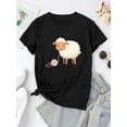 thumbnail image 2 of Camiseta de manga corta con estampado de ovejas de dibujos animados para mujer: top informal de verano, suave y cómodo, tejido de punto negro, cuello redondo, lavable a máquina., 2 of 6