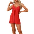 thumbnail image 1 of Noche de encaje para mujer Inspire Chic, con escote en V, sin mangas, tirantes de espagueti, ropa de dormir, mini longitud, vestido de dormir, XS, rojo, 1 of 5