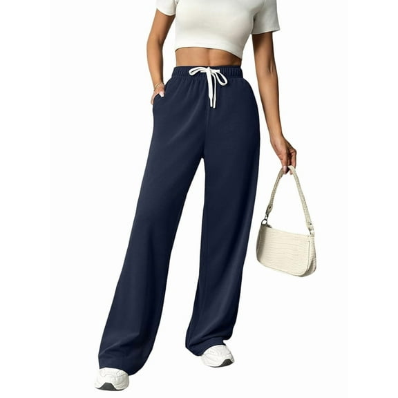 Women'S High Waist Loose Casual Drawstring Sweatpants Wide Leg Track Pants Fitness Pants with Pockets Dark Blue M