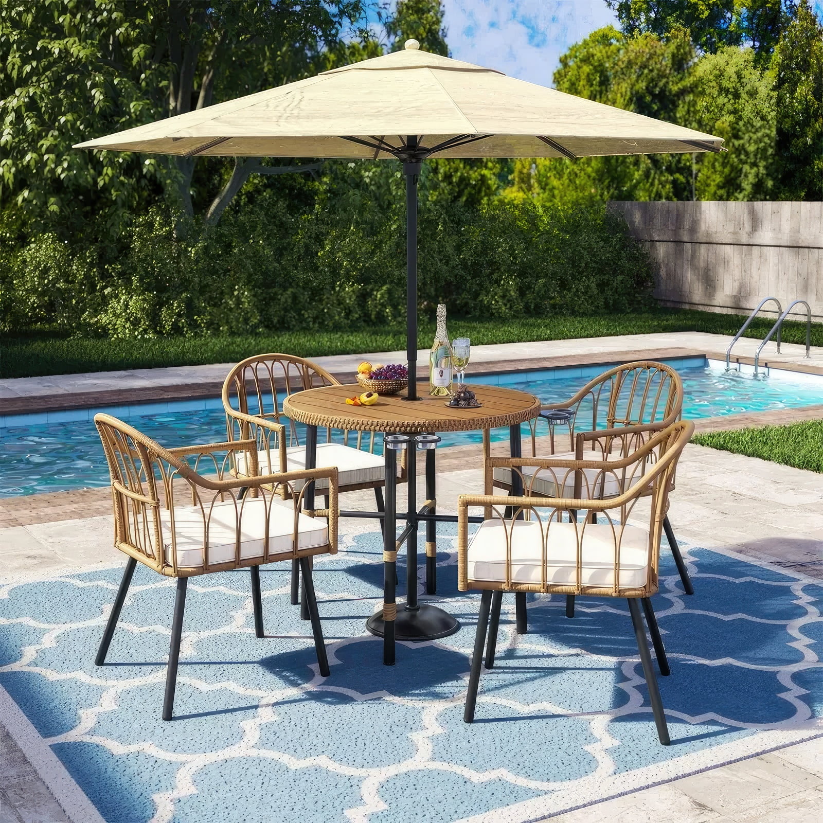 DEXTRUS 4 Pieces Rattan Wicker Dinning Chairs, Patio Furniture Set with Cushion and Curved Back All Weather Bistro Chair for Garden Backyard Porch Poolside Restaurant