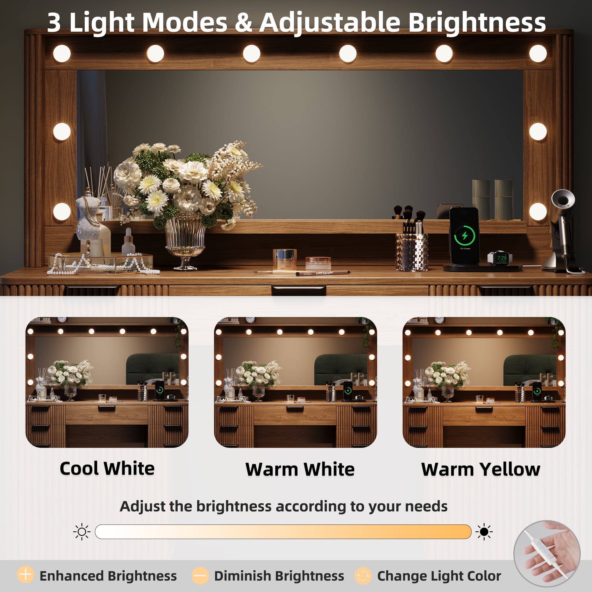 UGTOO Walnut Vanity Desk with Large Horizontal Mirror & LED Lights – 5 Drawers, Charging Station, Vintage Style (48.8"L x 15.7"W x 54.3"H)