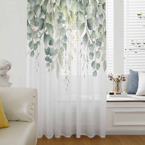 Teal Botanical Semi Sheer Curtains Drapes for Living Room, Bedroom, French Doors Window 45 Inches Long, Sage Green Eucalyptus Leaves Watercolor Rod Pocket Chiffon Curtain Drapery Voile Drape Panel