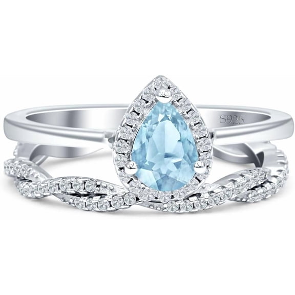 Divine Creation 2.35 Ct Pear Cut Aquamarine Wedding Christmas Thanksgiving Bridal Ring Set 14K White Gold Plated 925 Sterling Silver For Women's -5.5