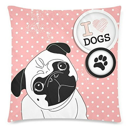ZKGK Puppy Pug Dog Home Decor, Cute Little Pug on Polka Dot Pillowcase 18 x 18 Inches,I Love Pugs Pillow Cover Case Shams