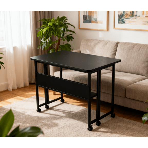 Lisonu 31.5 Inch Folding Desk — Foldable Computer Desk for Small Spaces, Compact Portable Writing Table for Home Office, Bedroom Study with H-Shape Base and Wheels, Black