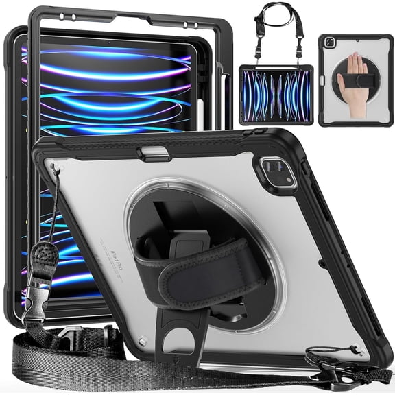 REQO Case for iPad Pro 12.9 inch 2022,2021,2020&2018(6th,5th,4th&3rd Generation) with Pen Holder Portable Hybrid Shock-Proof Cover,360°Swiveling Stand&Hand Strap