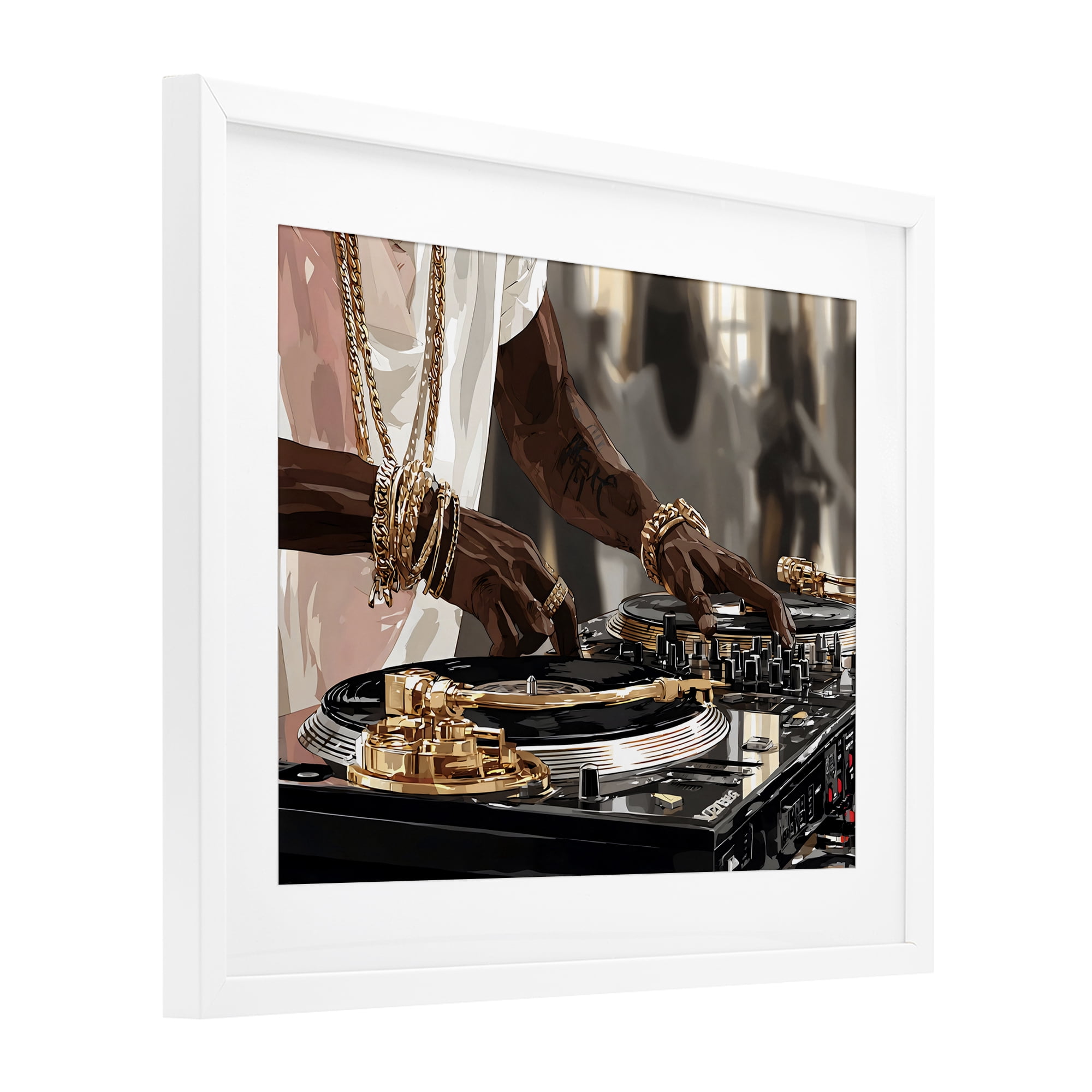 Stupell Industries Golden Sound DJ Turntables White Framed Print Under Glass, design by Franklyn Gregory