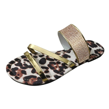 

Ladies Fashion Summer Rhinestones Thin Strap Combination Leopard Print Flat Beach Sandals Sandals Women Wide Width Walking Sandals for Women