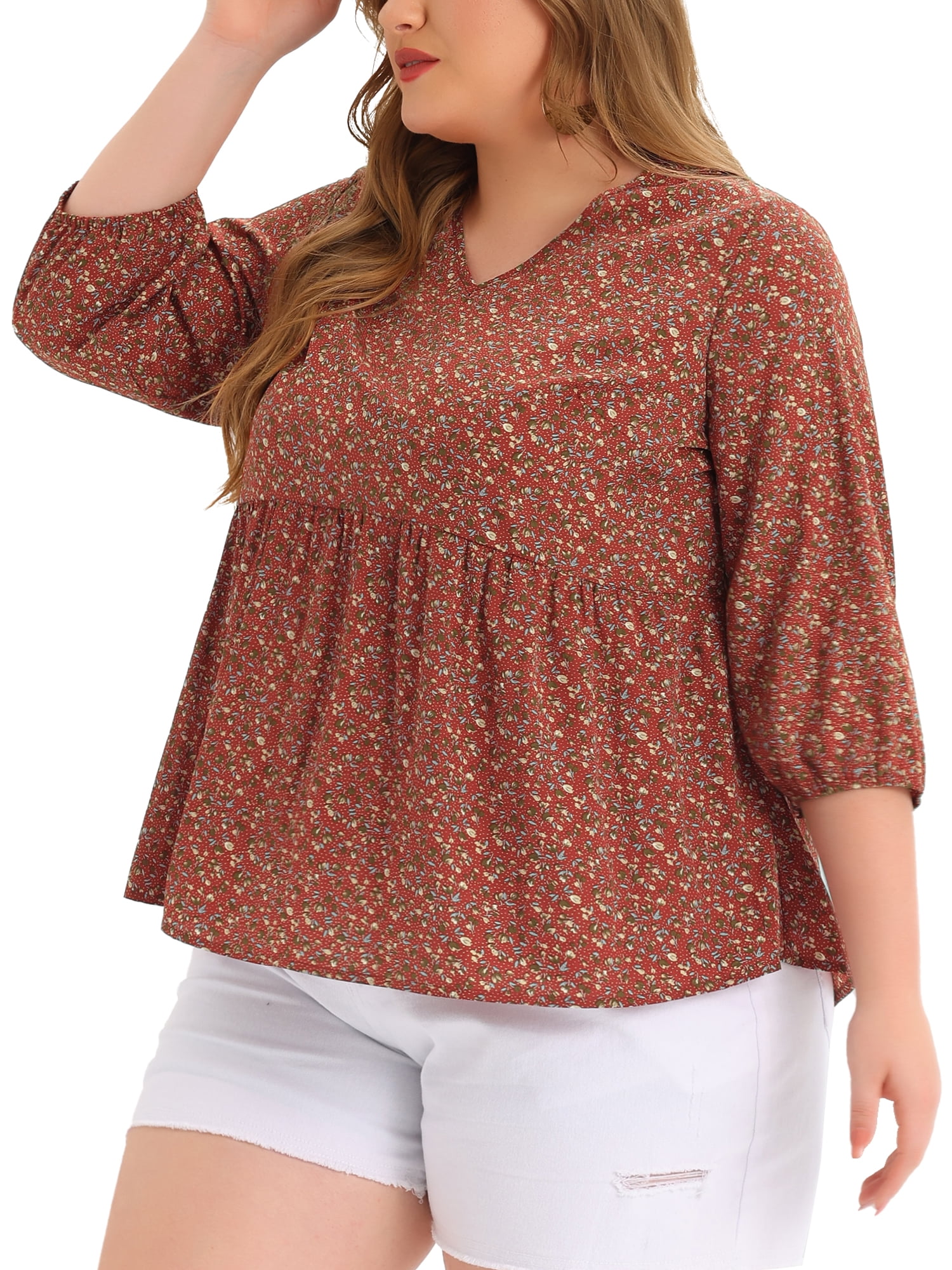 Unique Bargains Women's Plus Size V Neck Flowy 3/4 Sleeve Floral Blouse 1X Red Brown